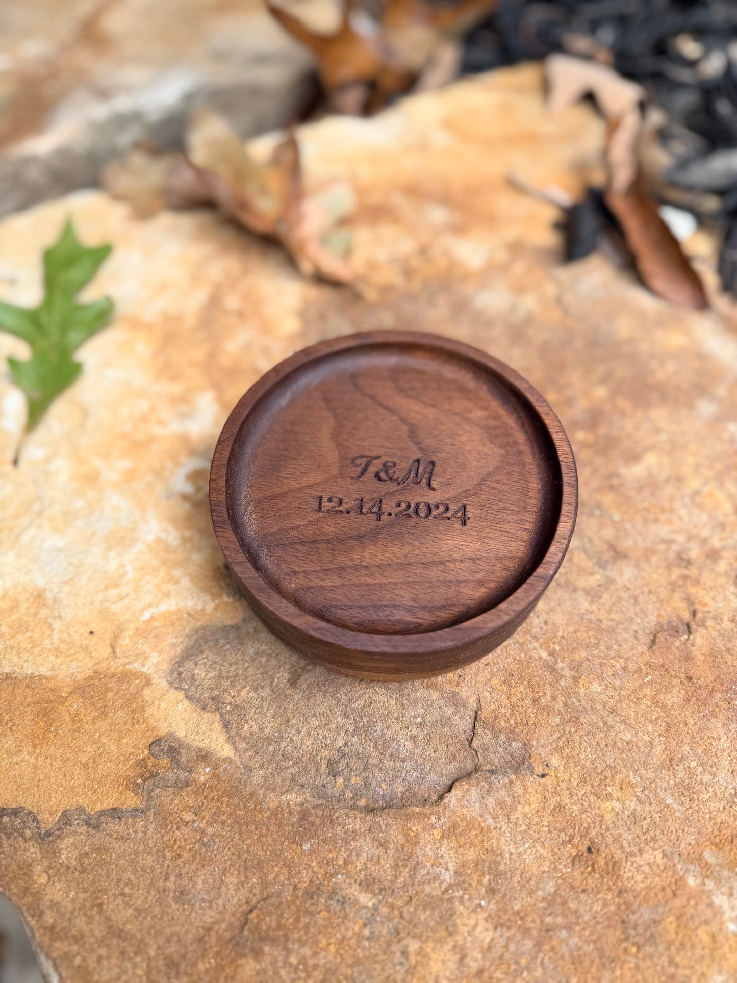 Walnut Ring Dish – 4" Round Wood Tray | Personalized Engraved Ring Holder | Bride Gift, Engagement, Wedding Keepsake