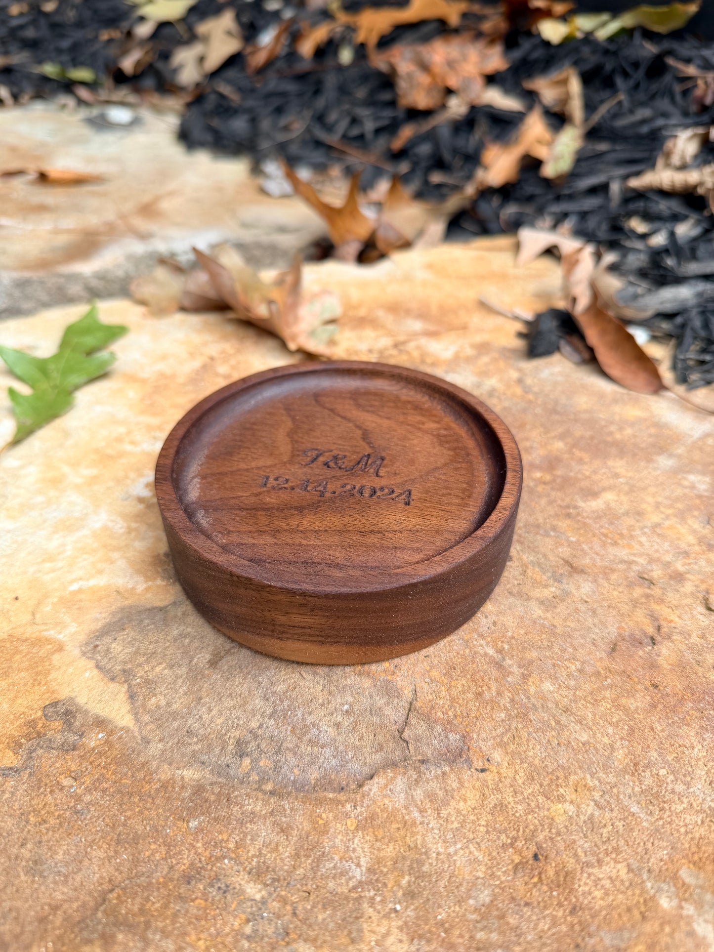 Walnut Ring Dish – 4" Round Wood Tray | Personalized Engraved Ring Holder | Bride Gift, Engagement, Wedding Keepsake