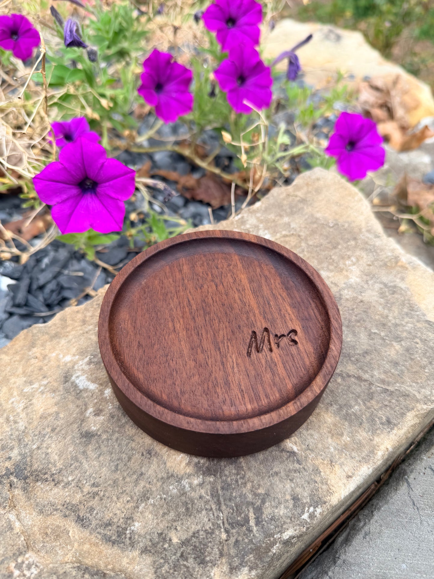 Walnut Ring Dish – 4" Round Wood Tray | Personalized Engraved Ring Holder | Bride Gift, Engagement, Wedding Keepsake