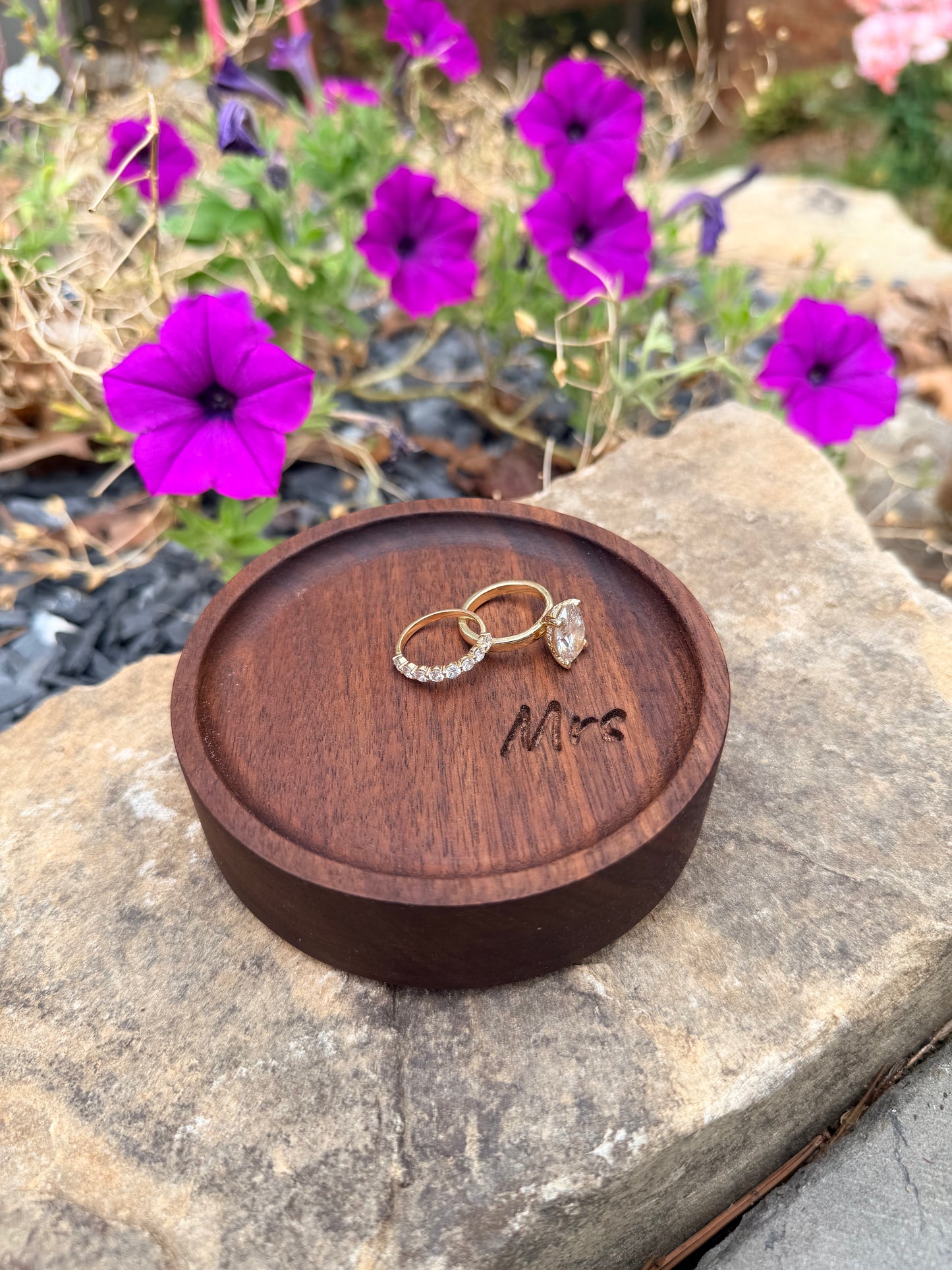 Walnut Ring Dish – 4" Round Wood Tray | Personalized Engraved Ring Holder | Bride Gift, Engagement, Wedding Keepsake