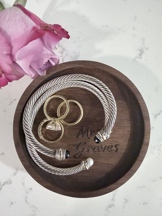 Walnut Ring Dish – 4" Round Wood Tray | Personalized Engraved Ring Holder | Bride Gift, Engagement, Wedding Keepsake