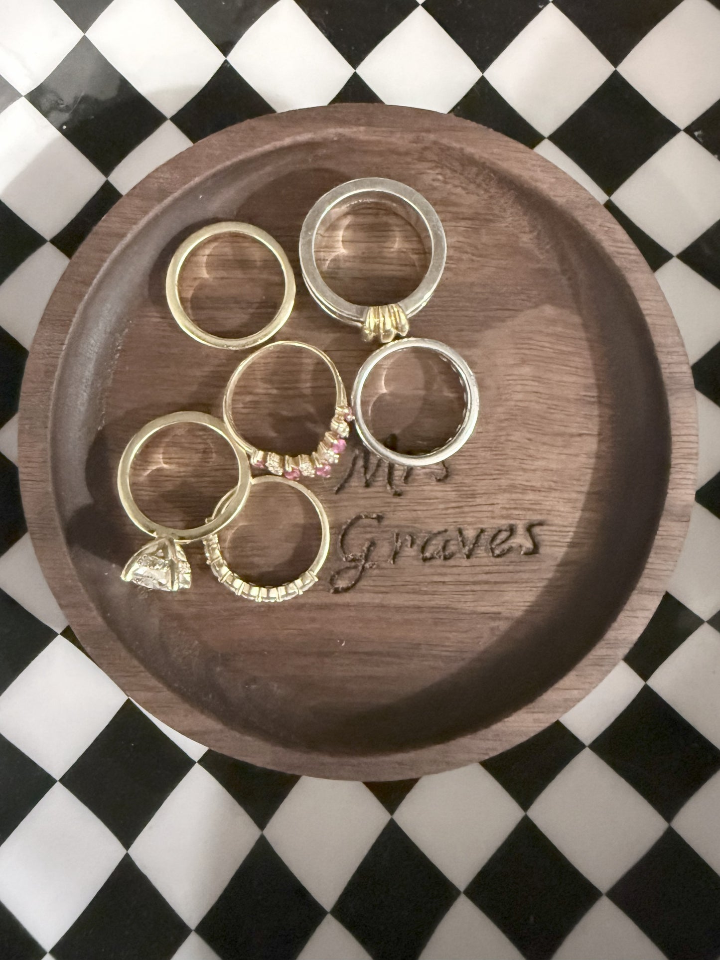 Walnut Ring Dish – 4" Round Wood Tray | Personalized Engraved Ring Holder | Bride Gift, Engagement, Wedding Keepsake