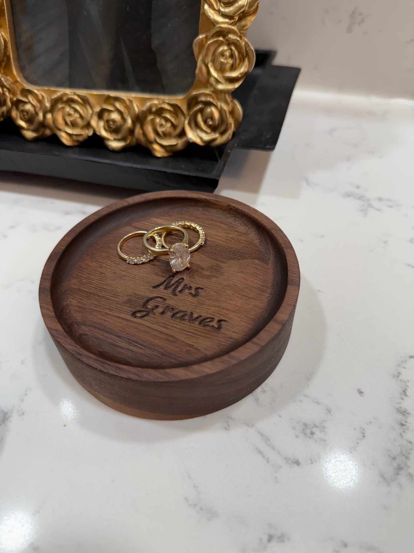 Walnut Ring Dish – 4" Round Wood Tray | Personalized Engraved Ring Holder | Bride Gift, Engagement, Wedding Keepsake