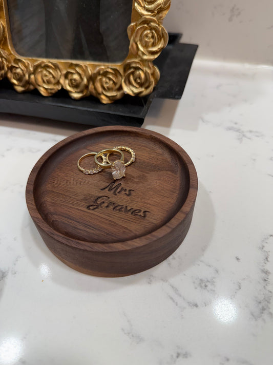 Walnut Ring Dish – 4" Round Wood Tray | Personalized Engraved Ring Holder | Bride Gift, Engagement, Wedding Keepsake