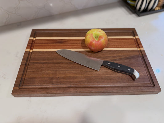 Handcrafted 18x12 Edge Grain Cutting Board – Walnut, Sapele & Maple | Juice Groove | Walrus Oil Finish | Free Shipping