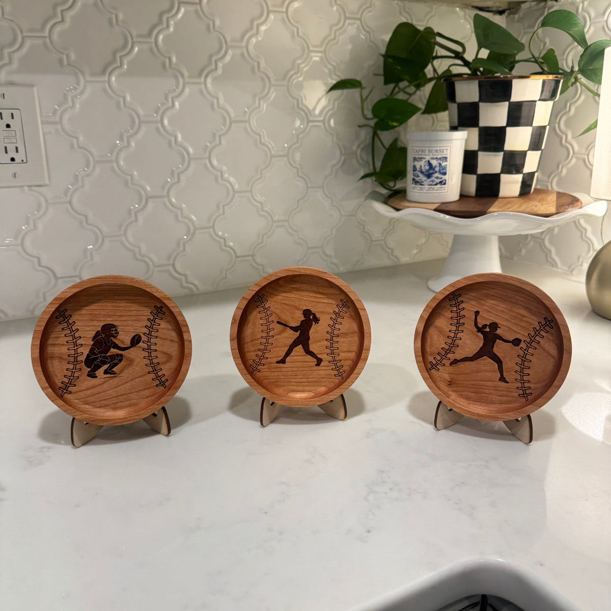 Personalized Baseball & Softball Catch-All Tray – 5” Engraved Wood Player Gift