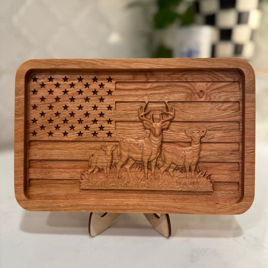 3D Carved American Flag Catch-All Tray – Cherry Wood