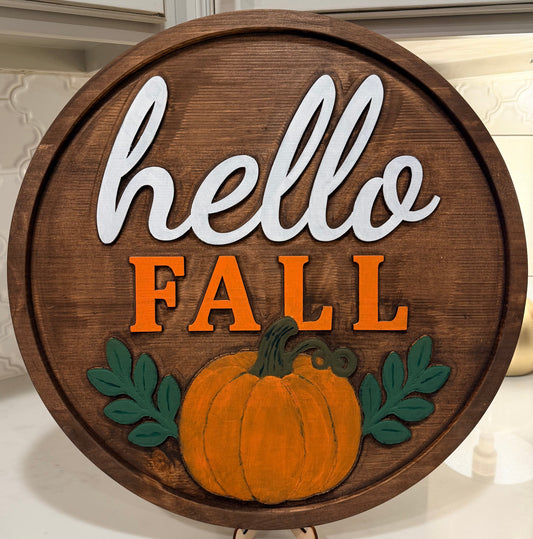 Hello Fall 3D Carved Fall Sign – Handmade Wood Pumpkin Decor