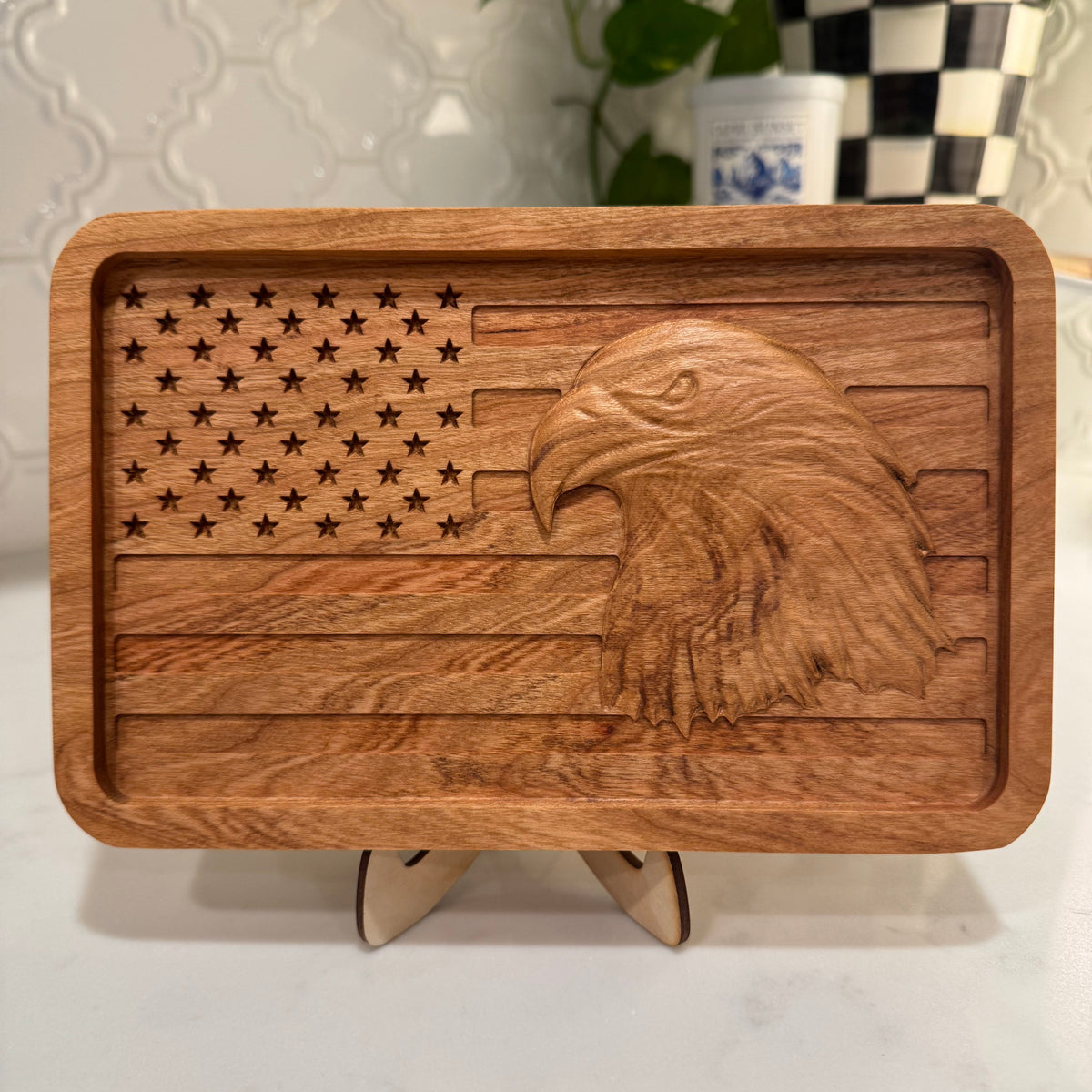 3D Carved American Flag Catch-All Tray – Cherry Wood