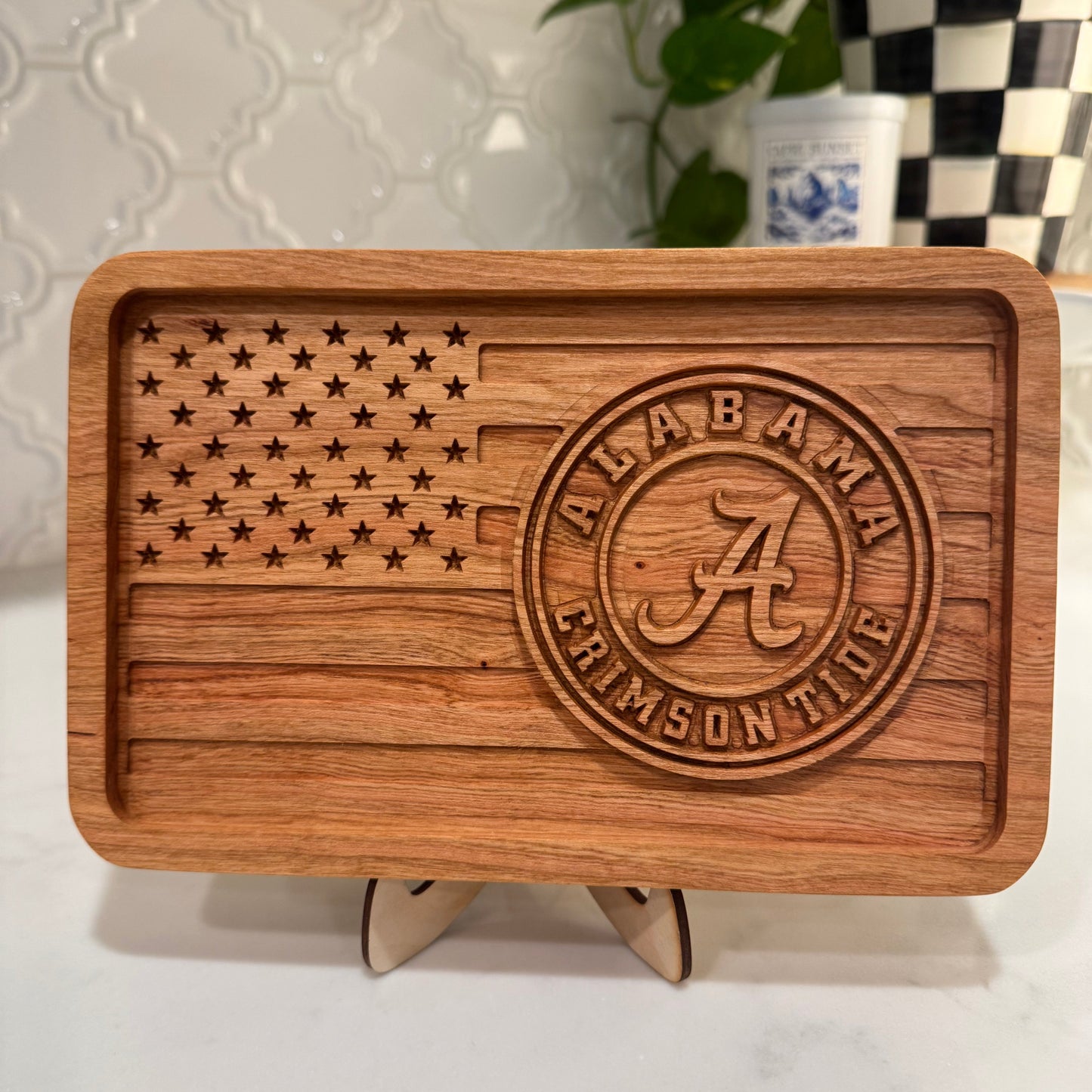 3D Carved American Flag Catch-All Tray – Cherry Wood