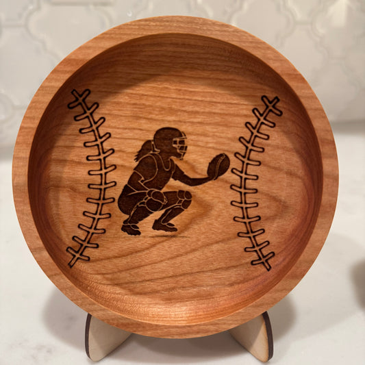 Personalized Baseball & Softball Catch-All Tray – 5” Engraved Wood Player Gift