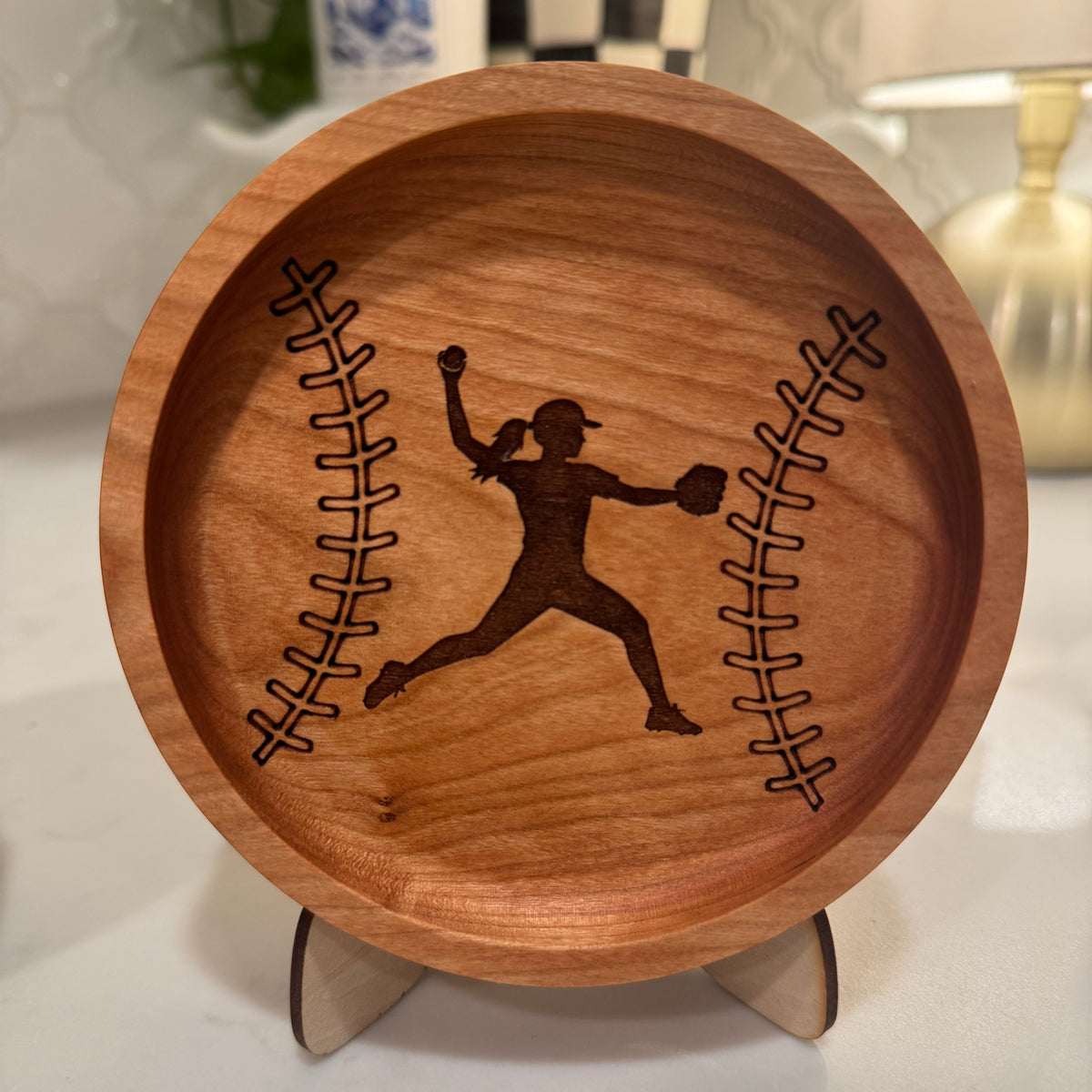 Personalized Baseball & Softball Catch-All Tray – 5” Engraved Wood Player Gift