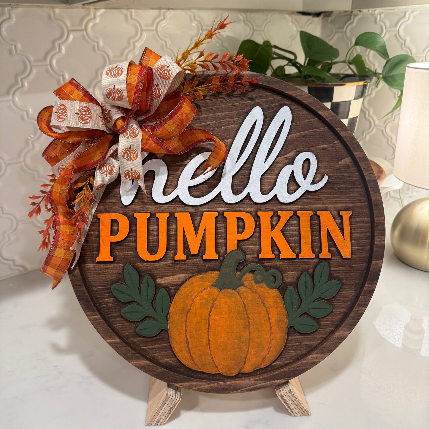Hello Pumpkin 3D Carved Fall Sign – Handmade Wood Pumpkin Decor