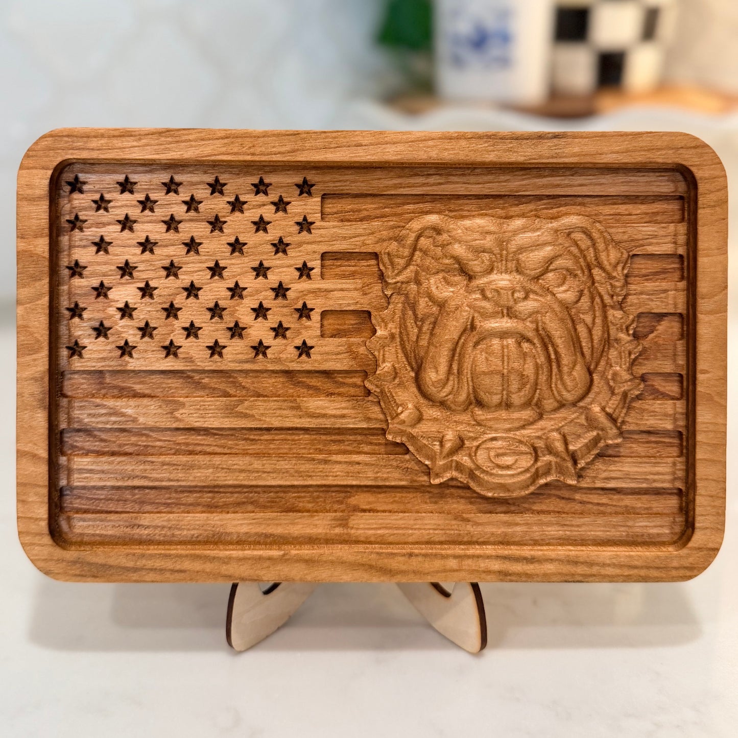 3D Carved American Flag Catch-All Tray – Cherry Wood