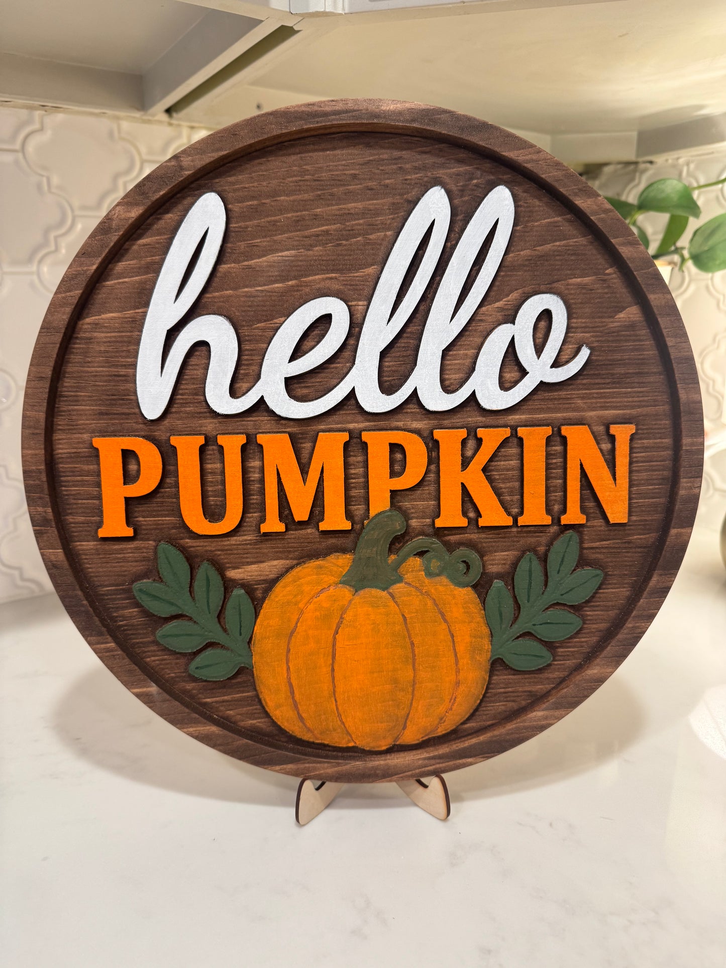 Hello Pumpkin 3D Carved Fall Sign – Handmade Wood Pumpkin Decor