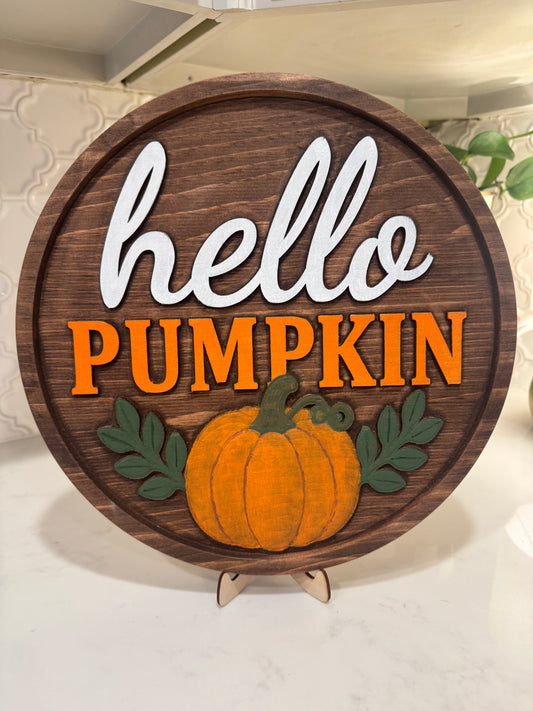Hello Pumpkin 3D Carved Fall Sign – Handmade Wood Pumpkin Decor