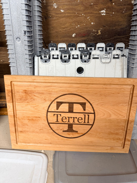 Custom Cherry Cutting Board with Walnut Inlay – 18x12x1.25 Edge Grain Personalized Last Name or Initial