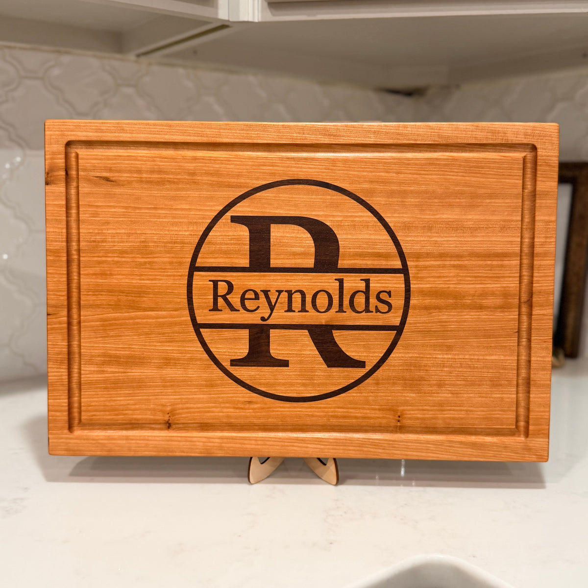 Custom Cherry Cutting Board with Walnut Inlay – 18x12x1.25 Edge Grain Personalized Last Name or Initial