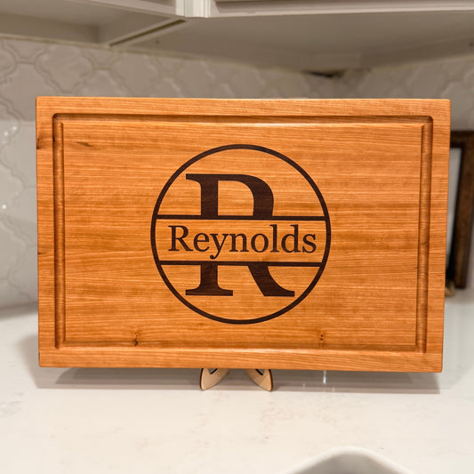 Custom Cherry Cutting Board with Walnut Inlay – 18x12x1.25 Edge Grain Personalized Last Name or Initial